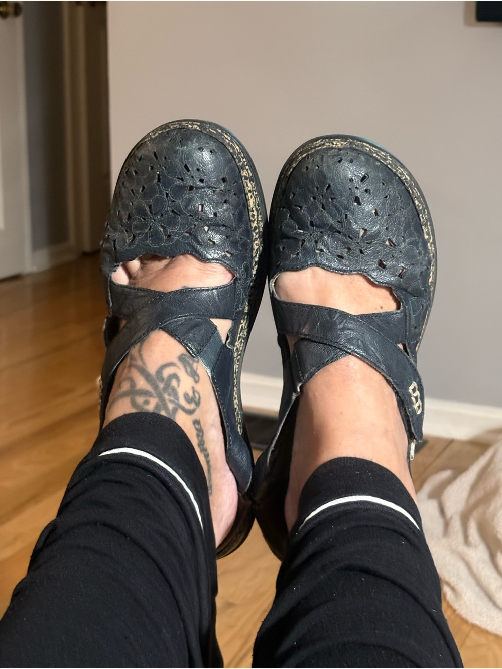 Rieker Navy Floral Perforated Leather Mary Jane’s